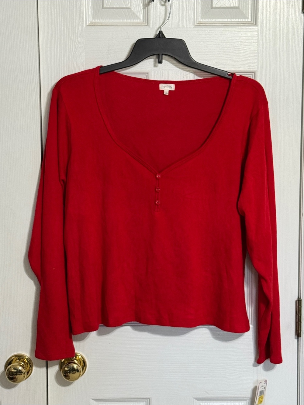 Women's Scoop-Neck Long Sleeve Top with Button Placket - Red